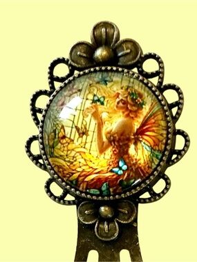 Vintage Bronze Glass Cabochon handmade bookmark- Yellow Floral Fairy Motif